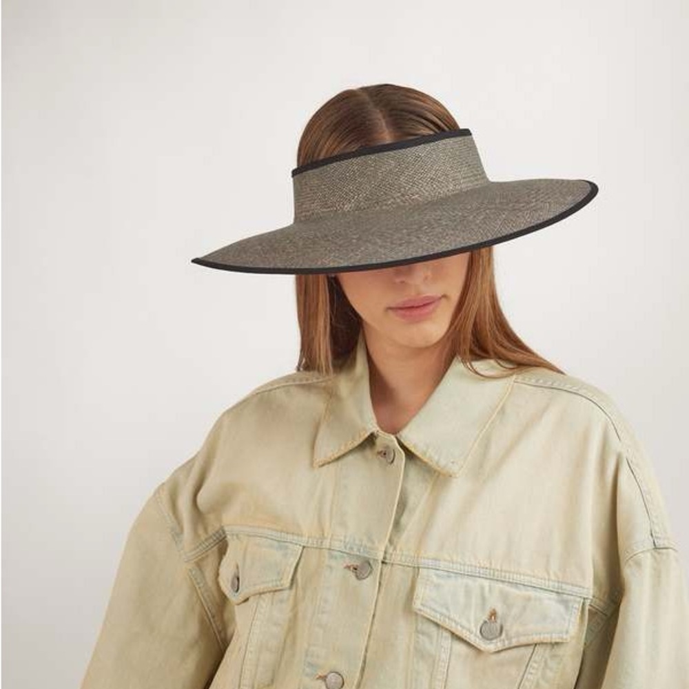 Wide Brim Visor Sun Hat in Taupe with Black Trim